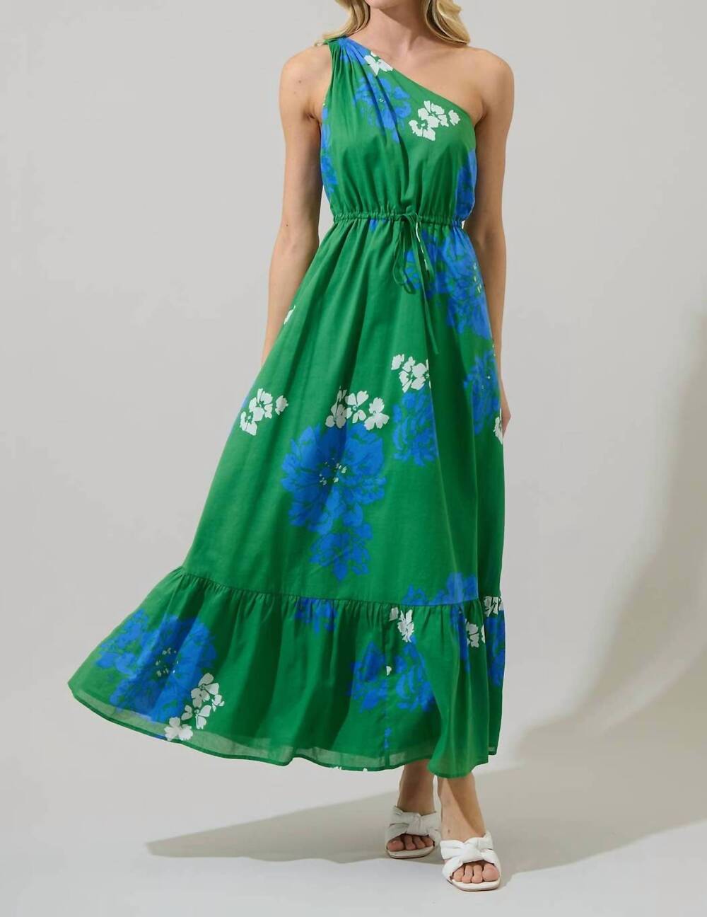 NEW SUGARLIPS hemmi floral elya one shoulder maxi dress in green/blue/white